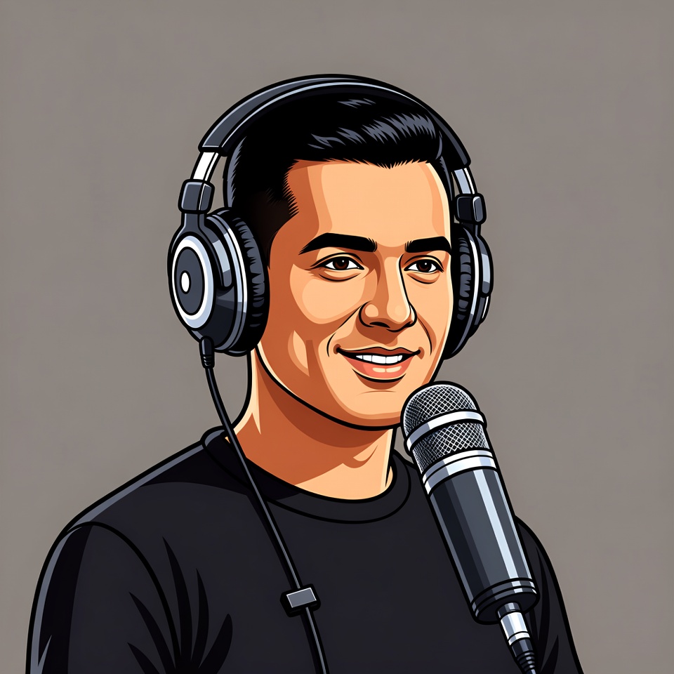 Man wearing headphones speaking into microphone Man wearing headphones speaking into microphone