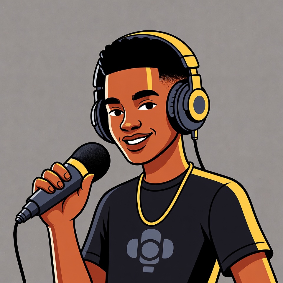 African-American boy singing with headphones African-American boy singing with headphones