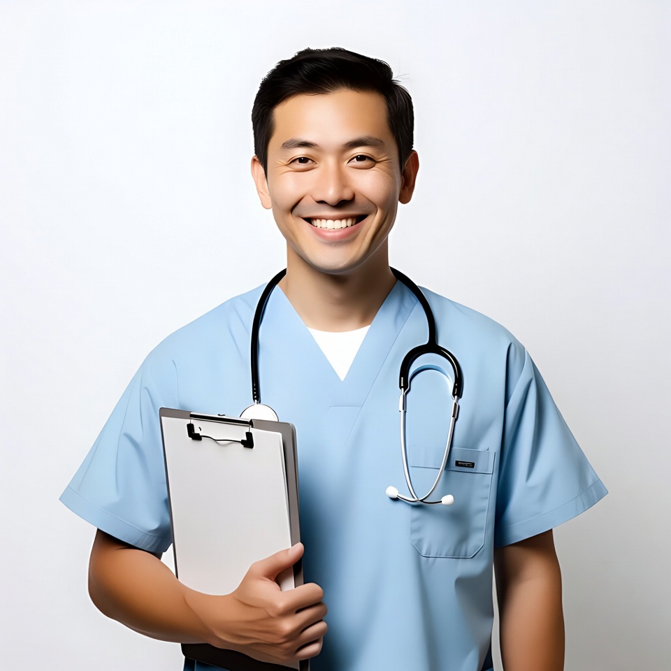 Asian male doctor holding clipboard Asian male doctor holding clipboard