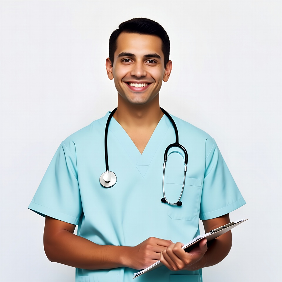 Smiling male doctor holding clipboard Smiling male doctor holding clipboard