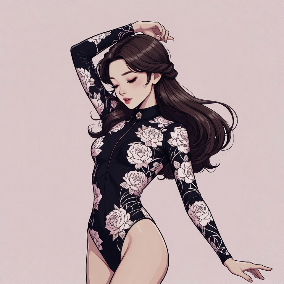 Asian woman in rose print bodysuit Asian woman in rose print bodysuit