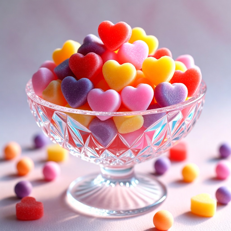 Colorful Heart-Shaped Gummy Candy in Glass Bowl Colorful Heart-Shaped Gummy Candy in Glass Bowl