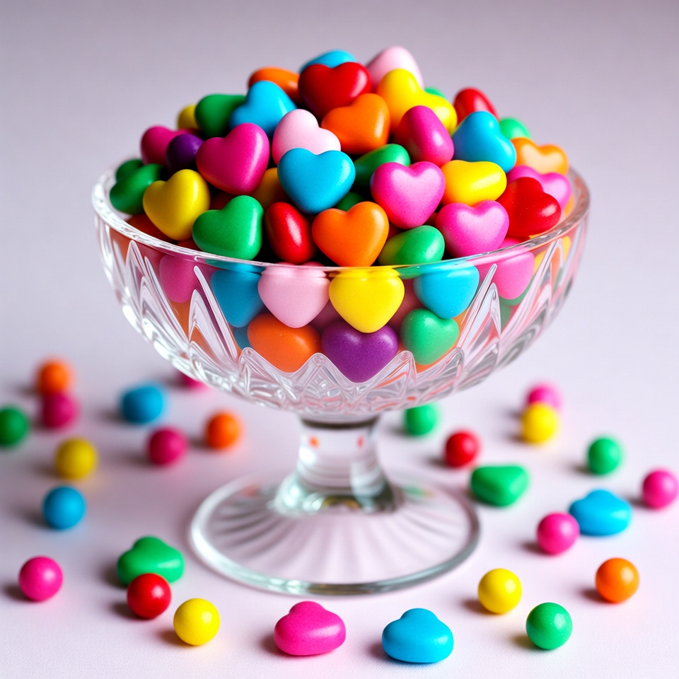 Colorful Candy Hearts in Glass Bowl Colorful Candy Hearts in Glass Bowl