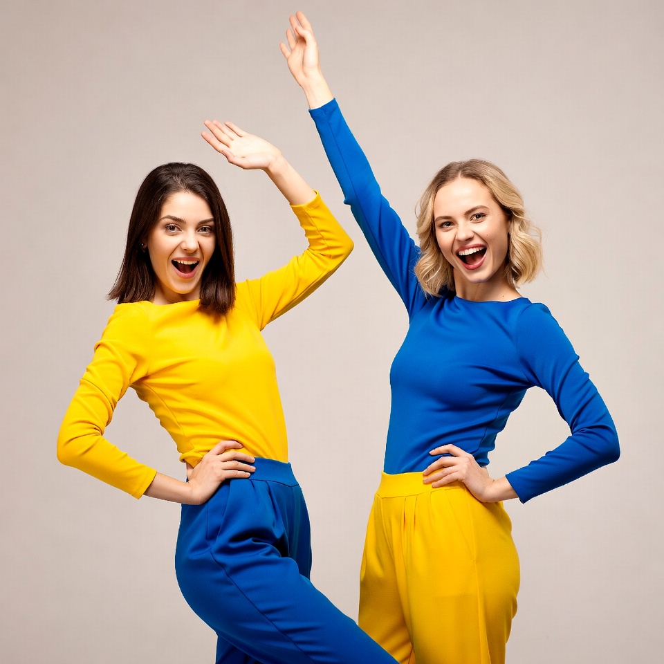 Two women dancing in yellow and blue outfits Two women dancing in yellow and blue outfits