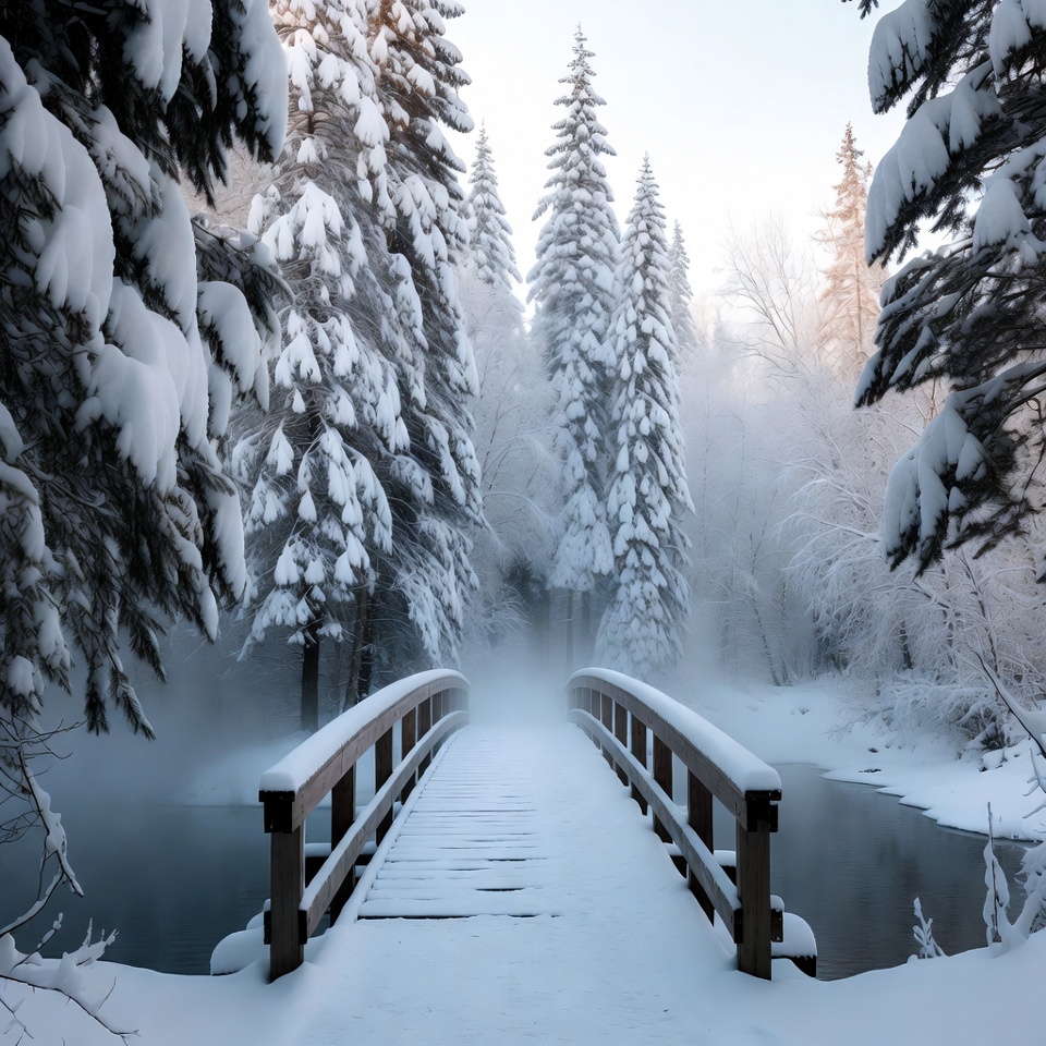 Snowy Wooden Bridge in Forest Snowy Wooden Bridge in Forest