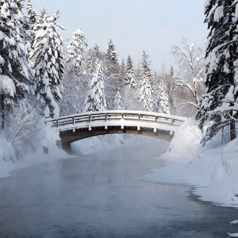 Snowy Wooden Bridge Over Icy River Snowy Wooden Bridge Over Icy River