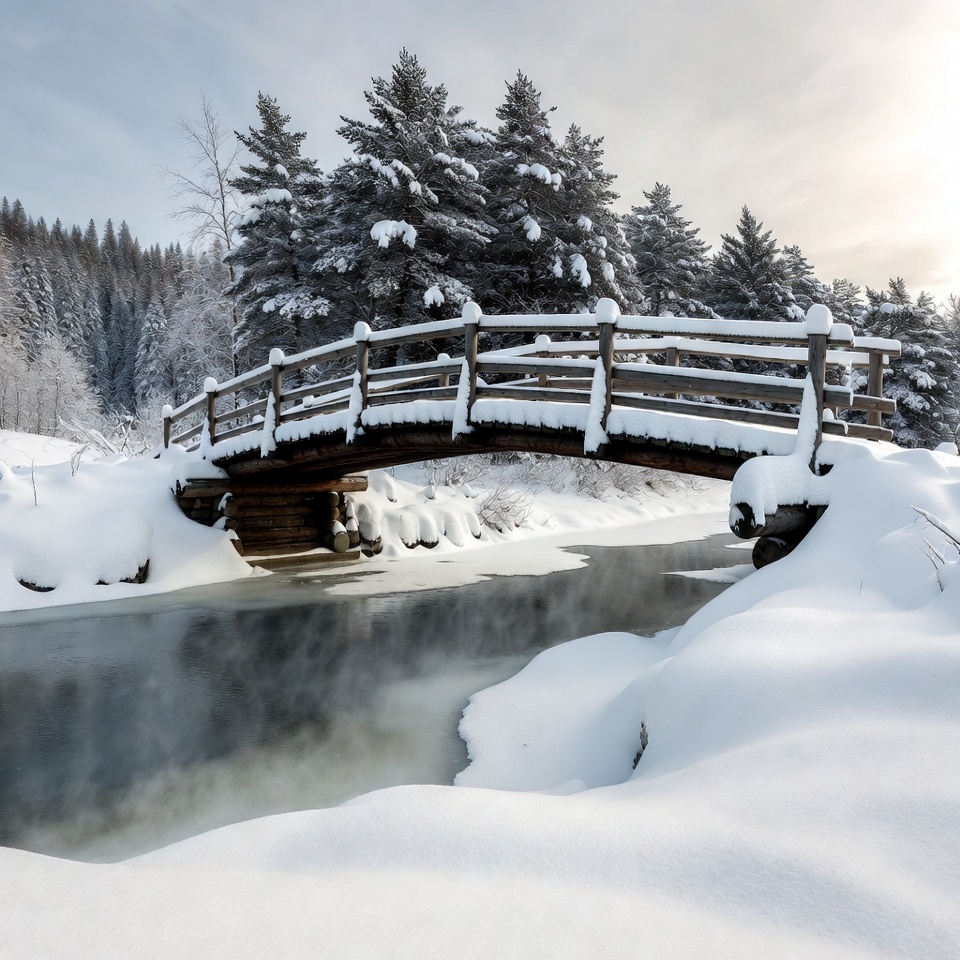 Wooden Bridge Over Snowy Stream Wooden Bridge Over Snowy Stream