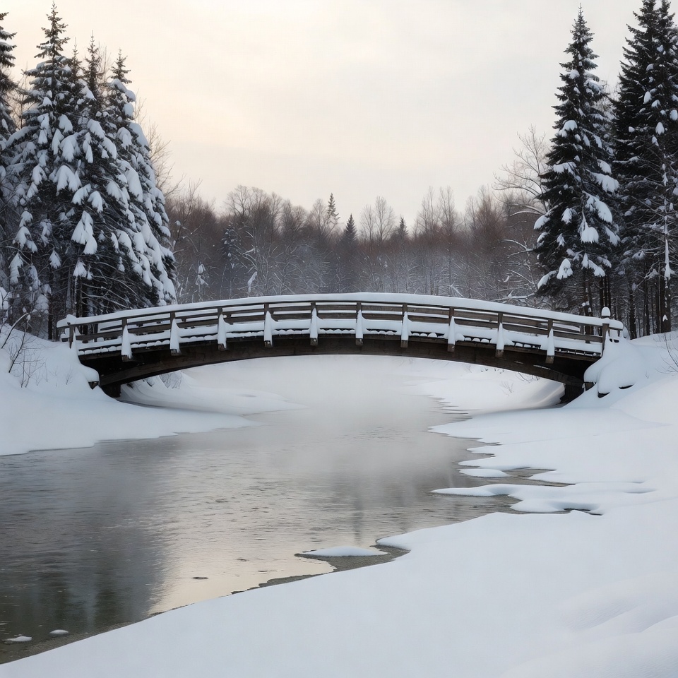 Snowy Wooden Bridge Over Frozen River Snowy Wooden Bridge Over Frozen River