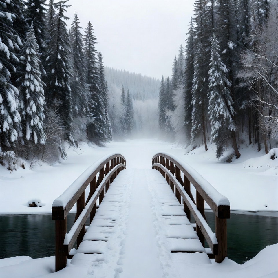 Snowy Wooden Bridge in Forest Snowy Wooden Bridge in Forest
