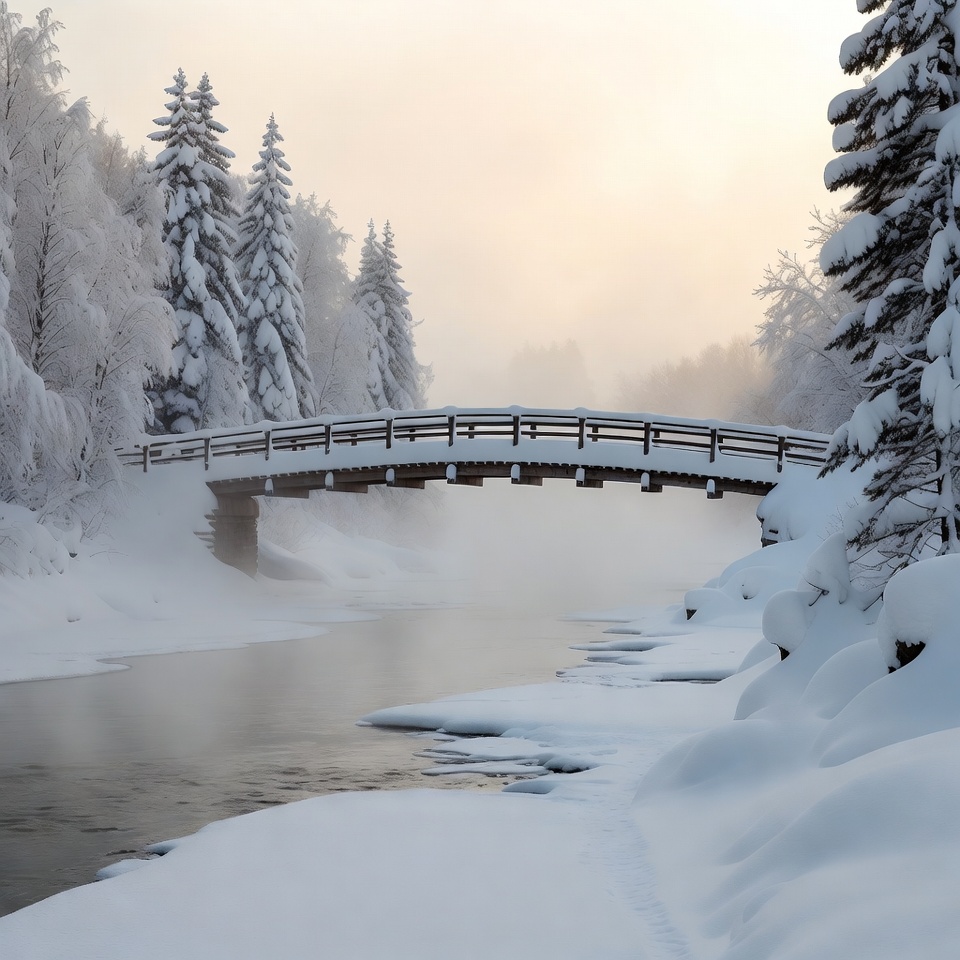 Snowy Wooden Bridge Over Winter River Snowy Wooden Bridge Over Winter River