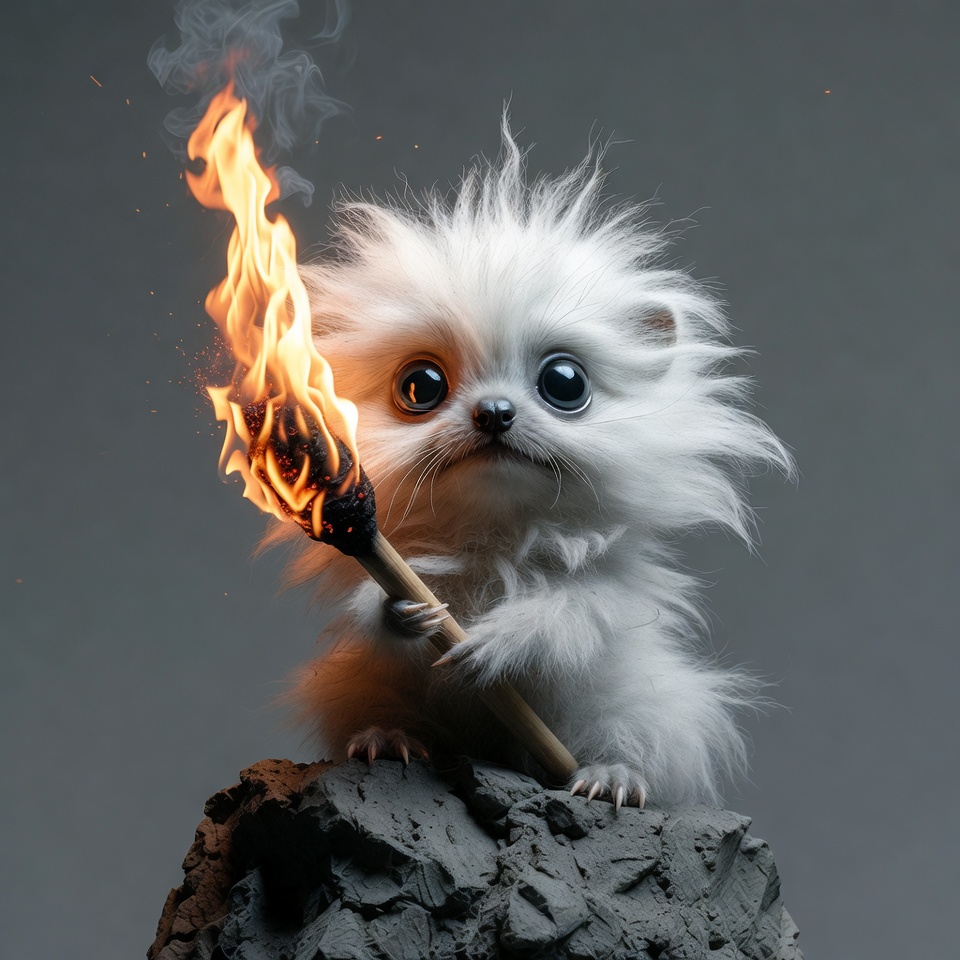 Fluffy white Pomeranian holding torch Fluffy white Pomeranian holding torch