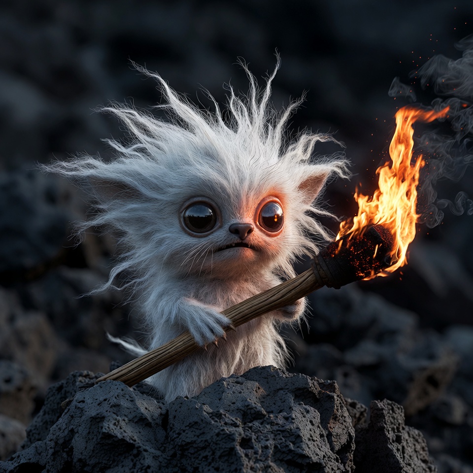 Fluffy white creature holding torch Fluffy white creature holding torch