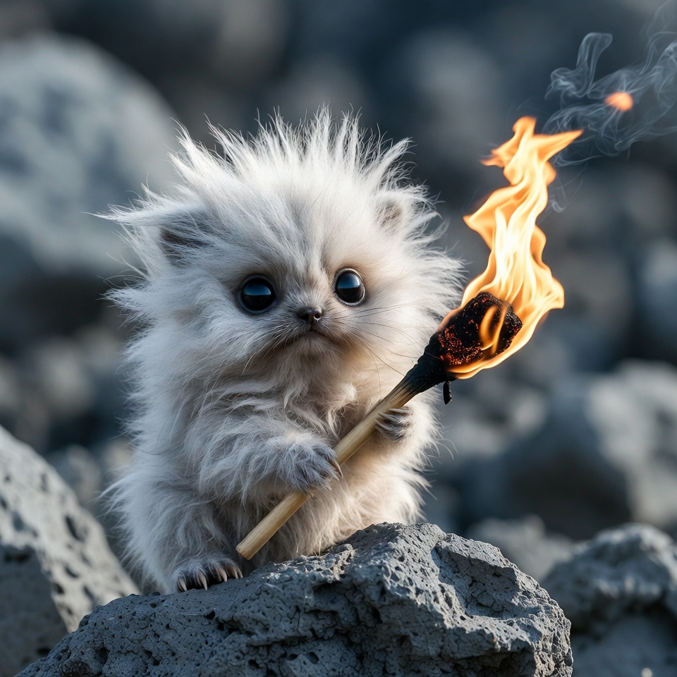 Fluffy white kitten holding torch Fluffy white kitten holding torch