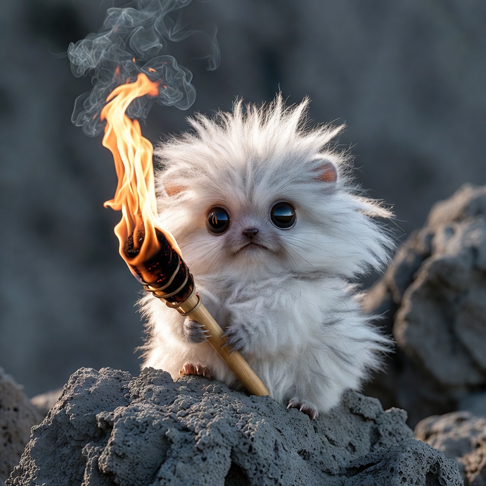 Fluffy white Pomeranian holding torch Fluffy white Pomeranian holding torch
