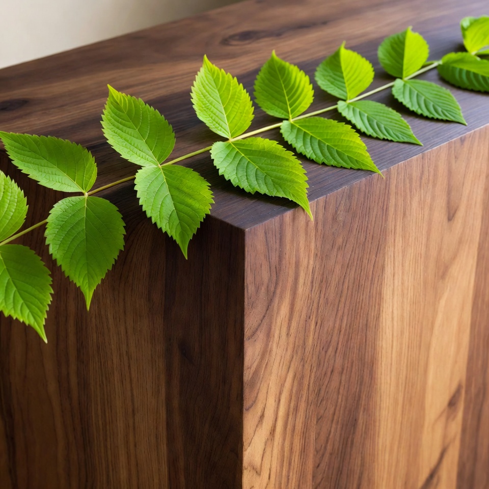 Green leaves on wooden surface Green leaves on wooden surface