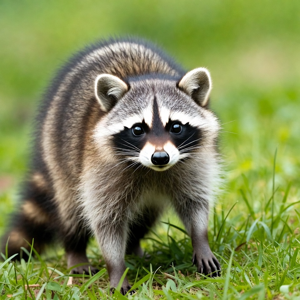 Raccoon standing in green grass Raccoon standing in green grass