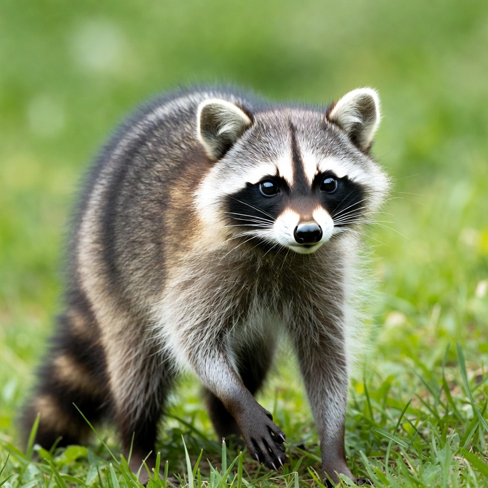 Raccoon walking on green grass Raccoon walking on green grass