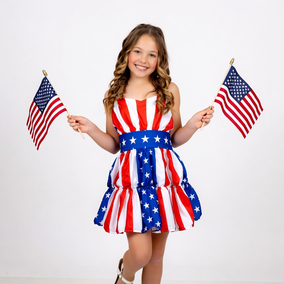 Girl in stars and stripes dress holding American flags Girl in stars and stripes dress holding American flags