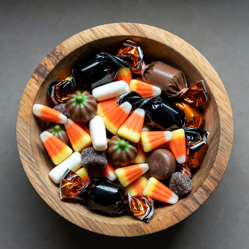 Wooden bowl of Halloween candy Wooden bowl of Halloween candy