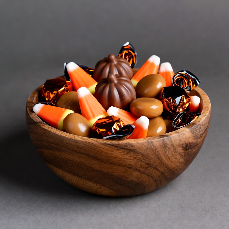 Halloween Candy in Wooden Bowl Halloween Candy in Wooden Bowl