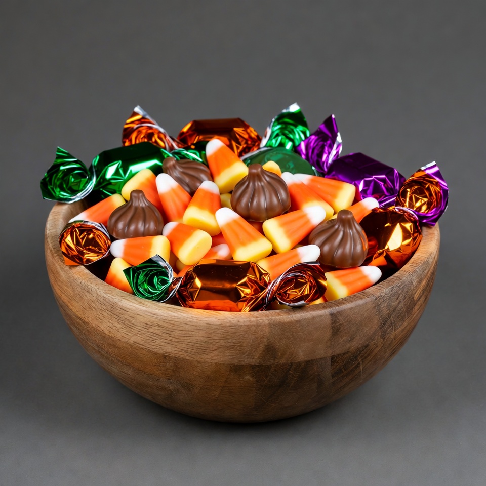 Wooden bowl of Halloween candy corn Wooden bowl of Halloween candy corn