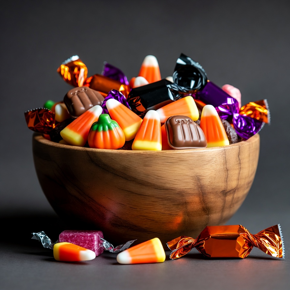 Wooden bowl overflowing with Halloween candy Wooden bowl overflowing with Halloween candy