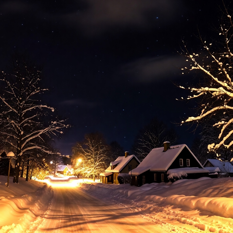 Snowy Village Road at Night Snowy Village Road at Night