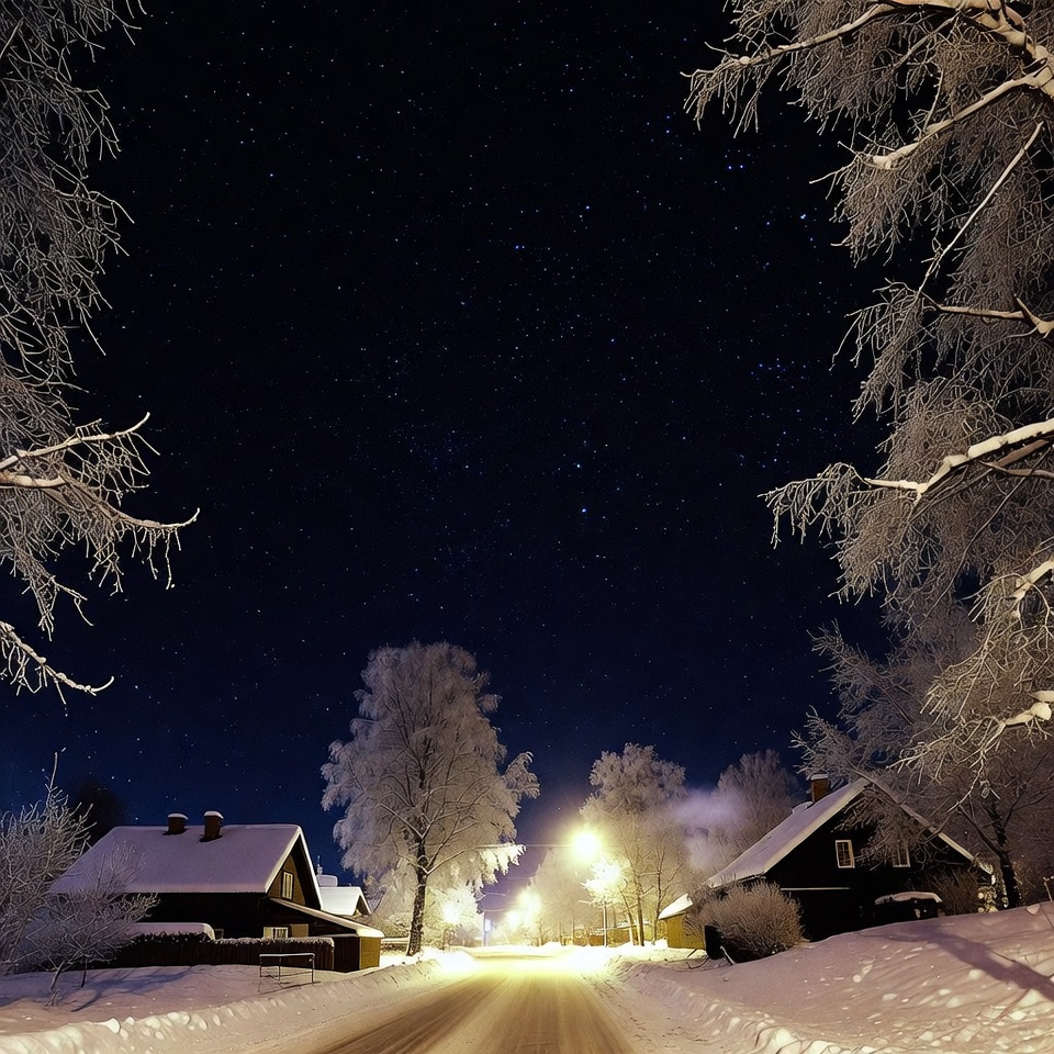 Snowy Village Road Under Starry Night Sky Snowy Village Road Under Starry Night Sky