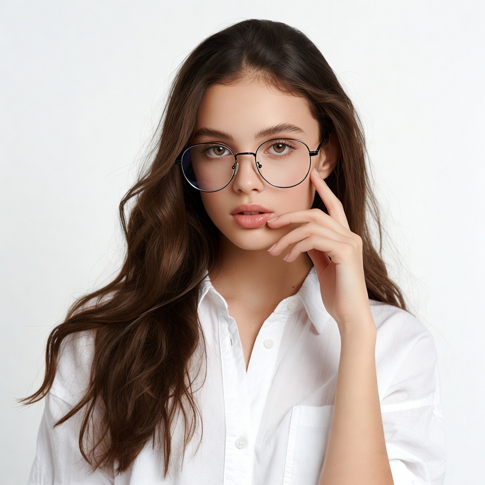 Young woman in glasses touching lips Young woman in glasses touching lips