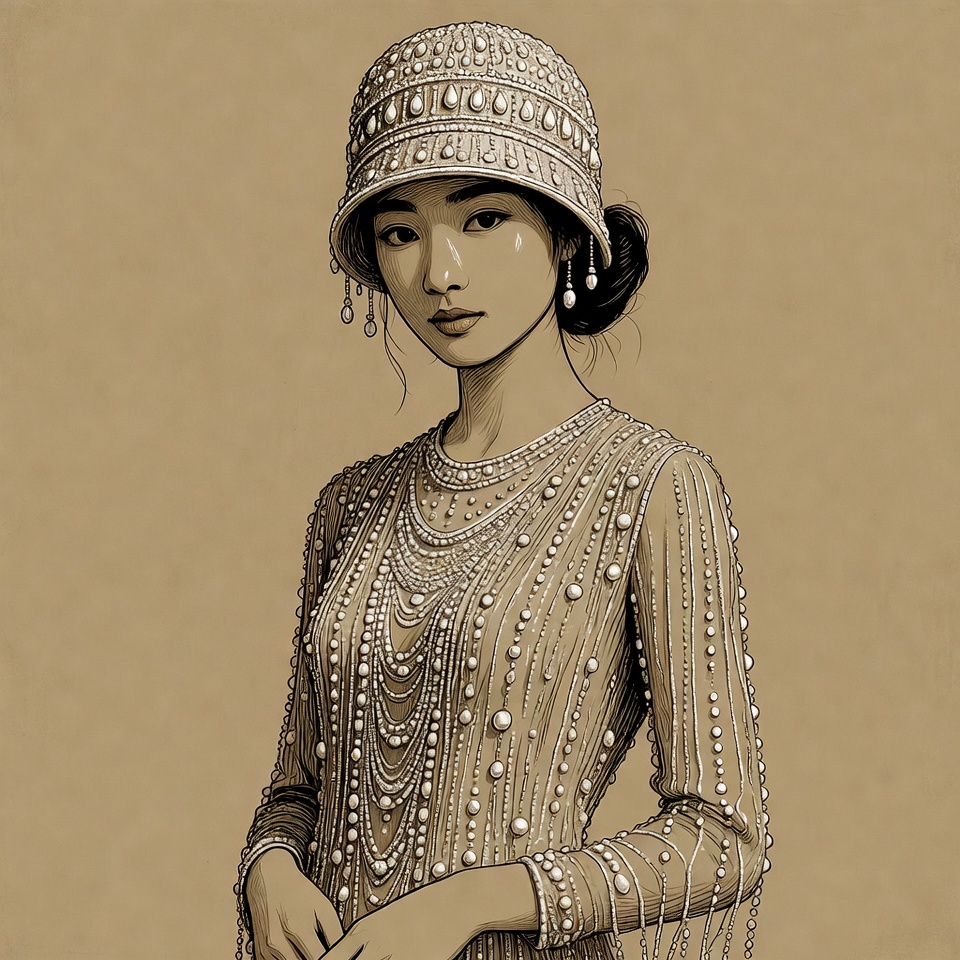 Asian woman in beaded 1920s flapper dress Asian woman in beaded 1920s flapper dress