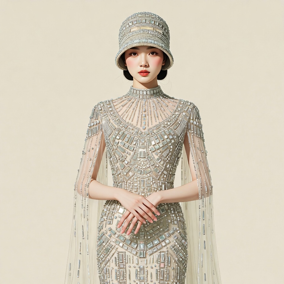 Asian woman in beaded 1920s hat and gown Asian woman in beaded 1920s hat and gown