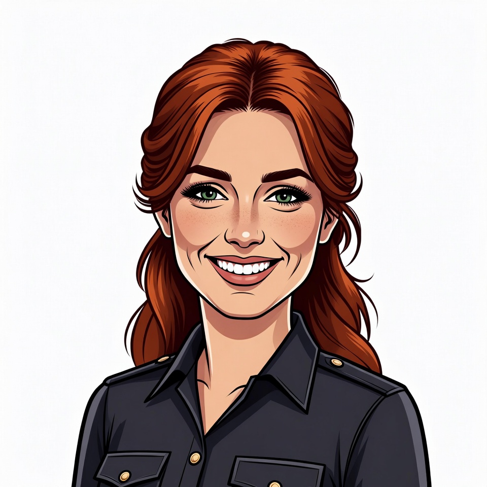 Smiling redhead woman in navy shirt Smiling redhead woman in navy shirt