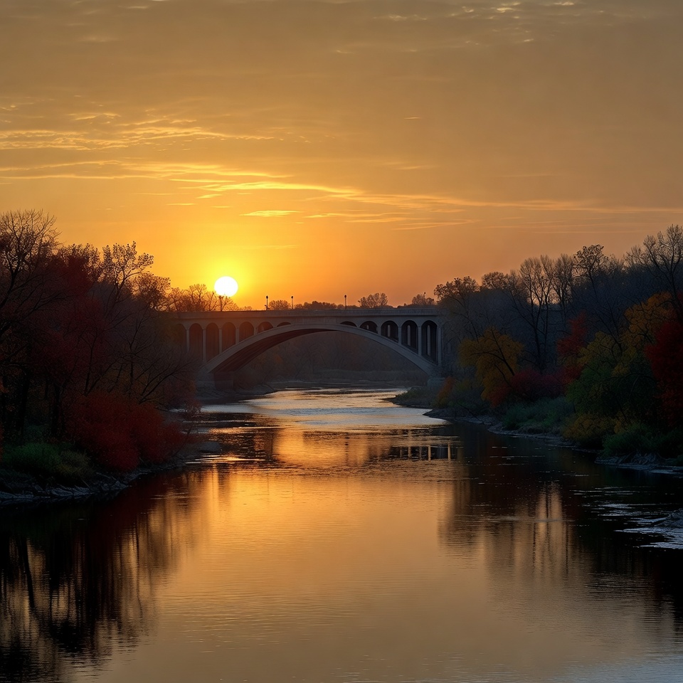 Sunset Over Arched Bridge and River Sunset Over Arched Bridge and River