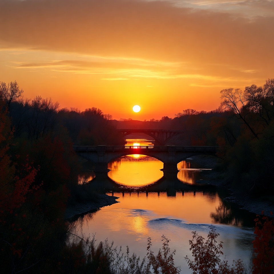 Sunset over arched bridge and river Sunset over arched bridge and river