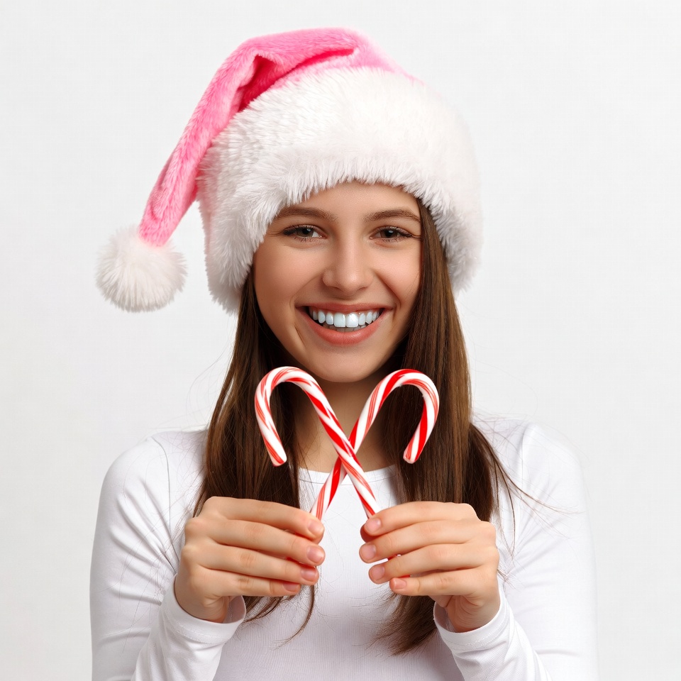 Woman holding candy canes in Santa hat Woman holding candy canes in Santa hat