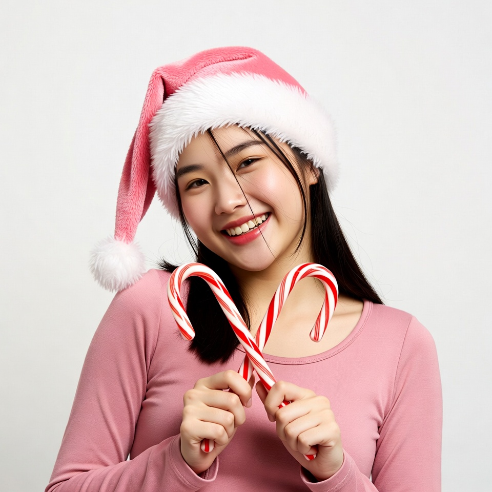 Asian girl in Santa hat holding candy canes Asian girl in Santa hat holding candy canes