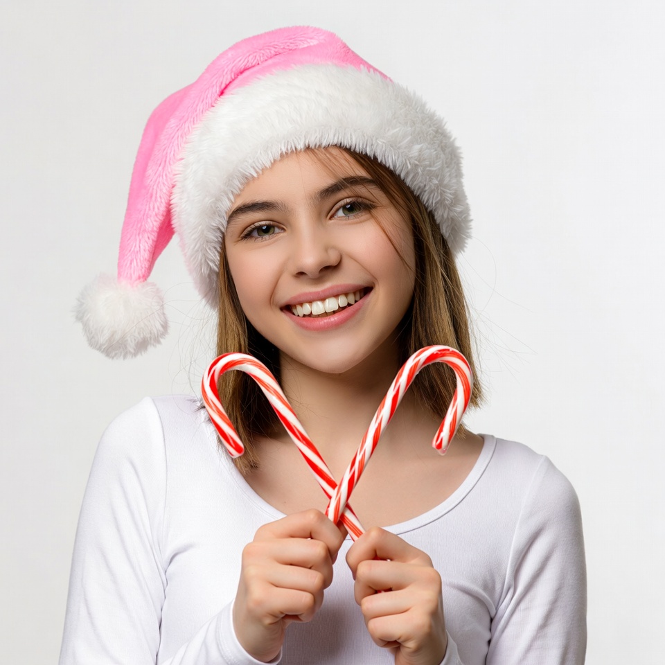 Girl holding candy canes in Santa hat Girl holding candy canes in Santa hat
