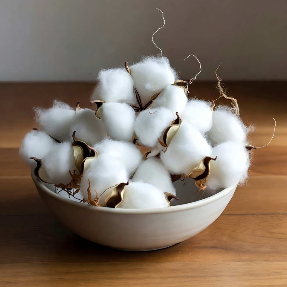 Fresh cotton bolls in white bowl Fresh cotton bolls in white bowl