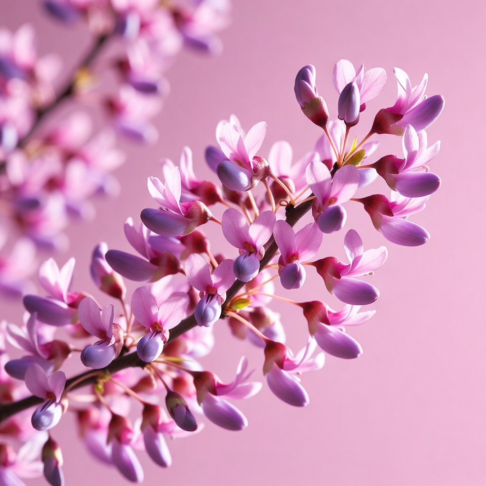 Purple Redbud Flowers on Pink Background Purple Redbud Flowers on Pink Background