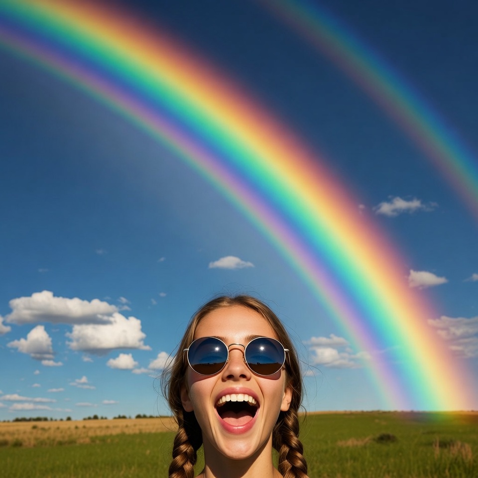 Girl smiling with rainbow and sunglasses Girl smiling with rainbow and sunglasses