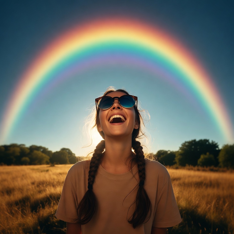 Woman laughing under rainbow Woman laughing under rainbow