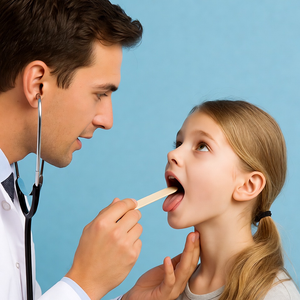 Doctor examining girl's throat Doctor examining girl's throat