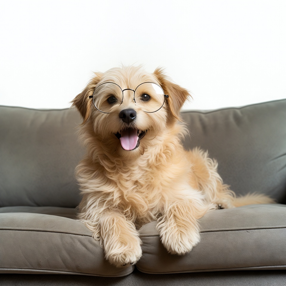 Golden puppy wearing glasses on couch Golden puppy wearing glasses on couch