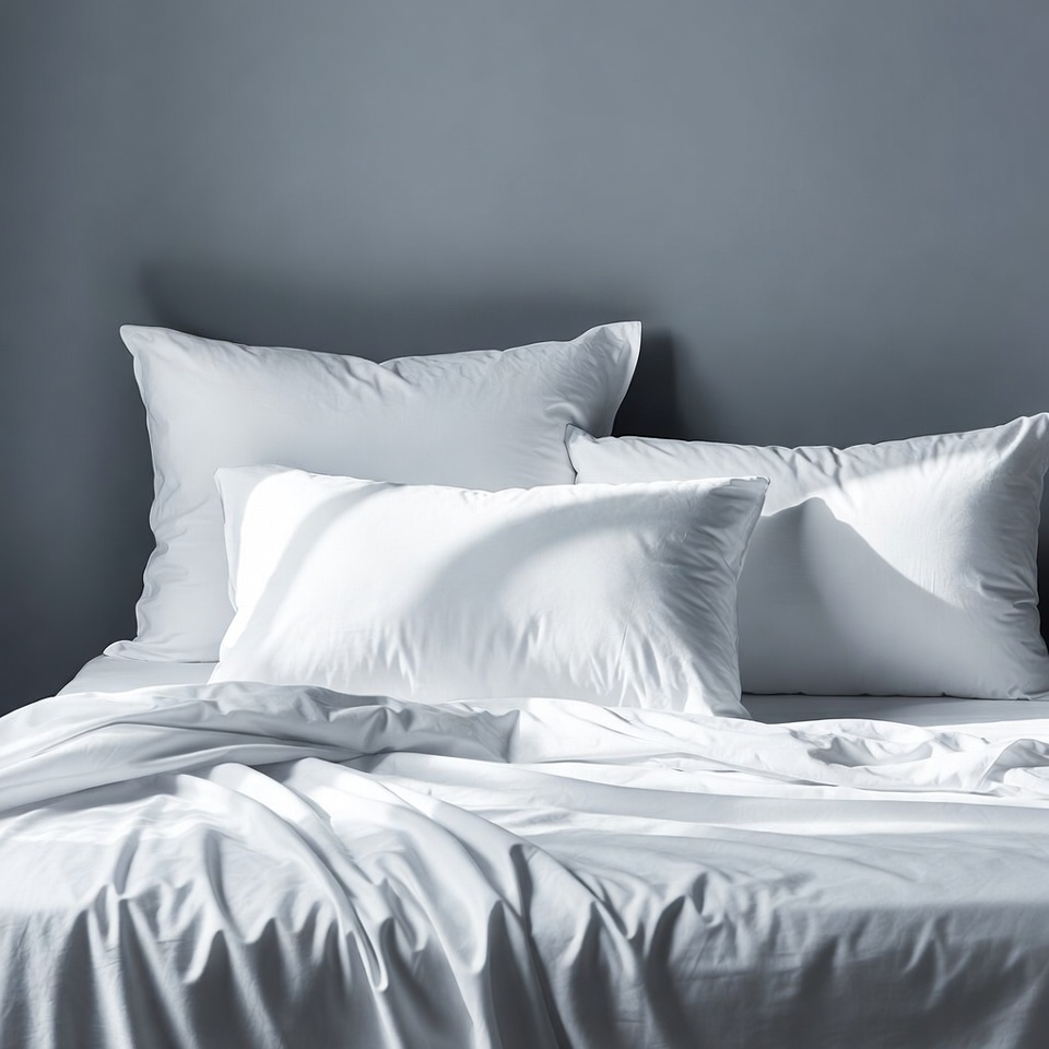 White pillows on rumpled bed White pillows on rumpled bed