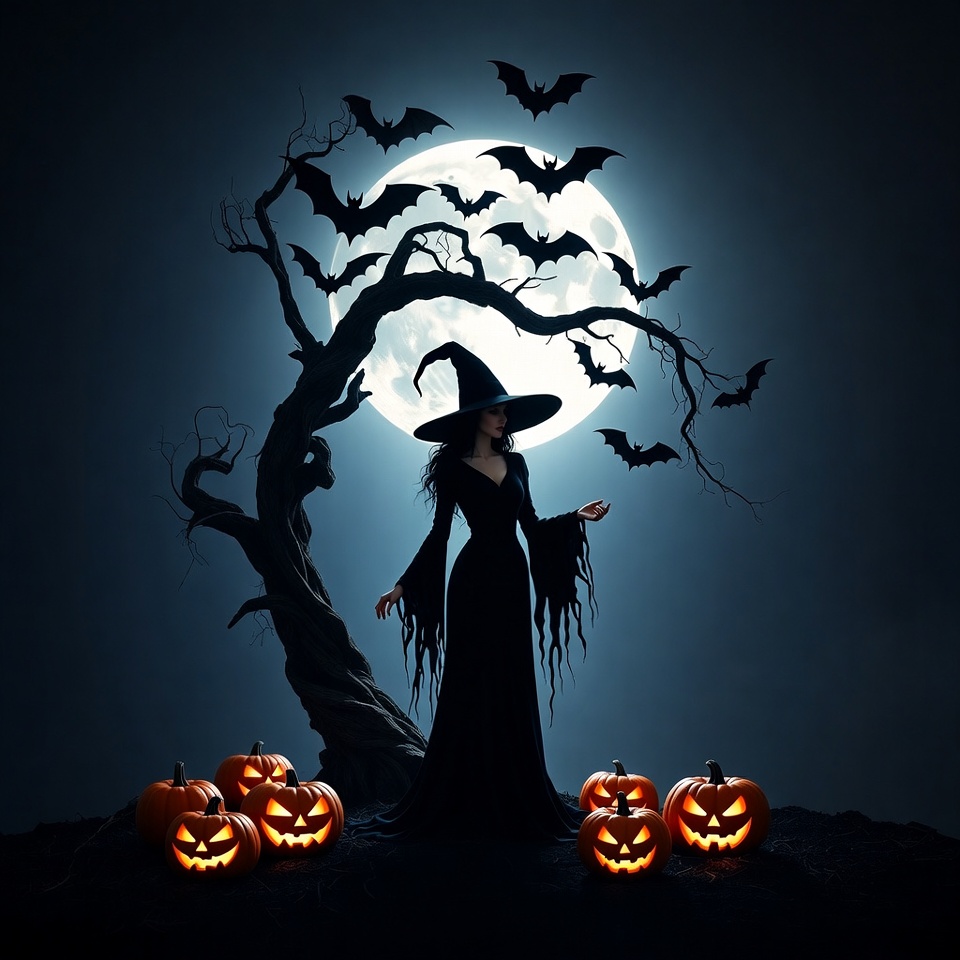 Witch standing with pumpkins and bats Witch standing with pumpkins and bats