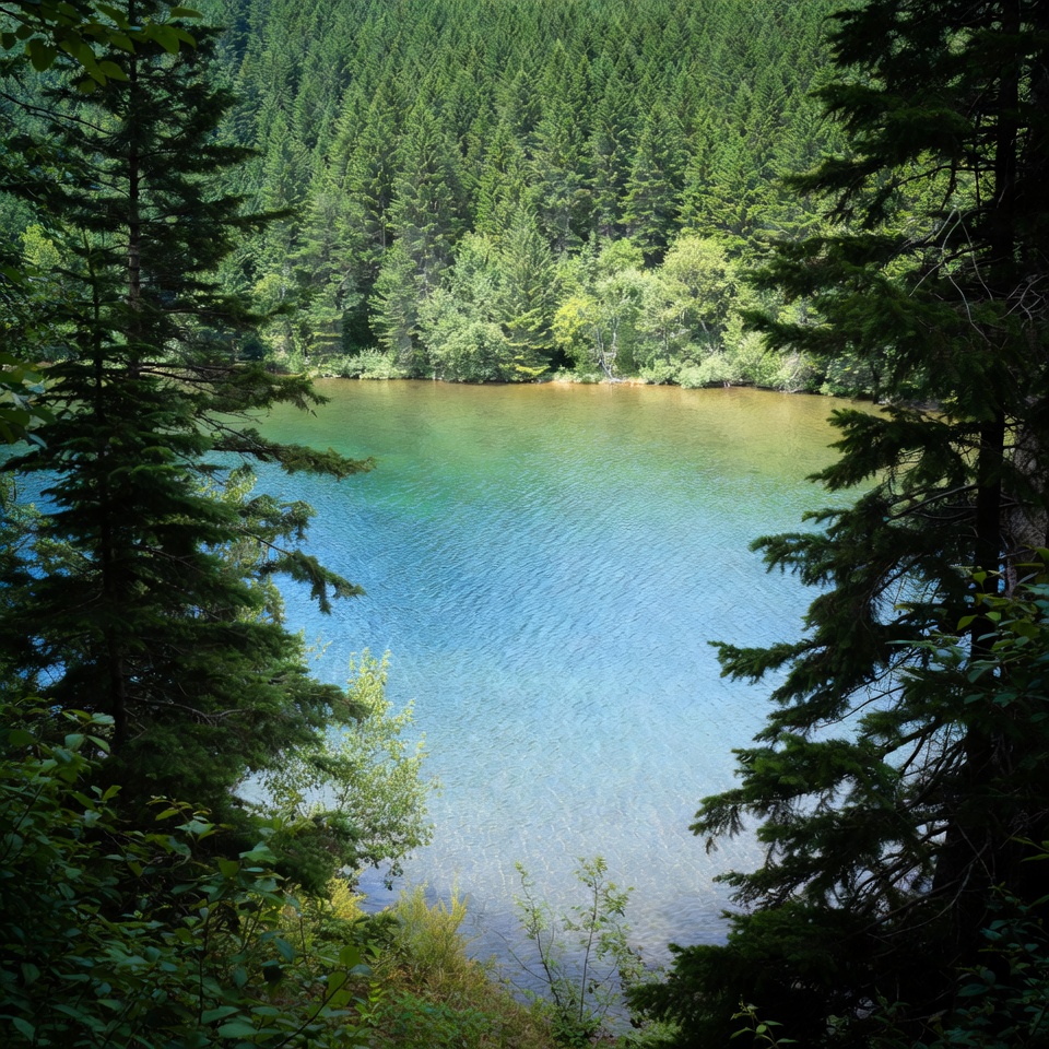Mountain lake surrounded by pine forest Mountain lake surrounded by pine forest