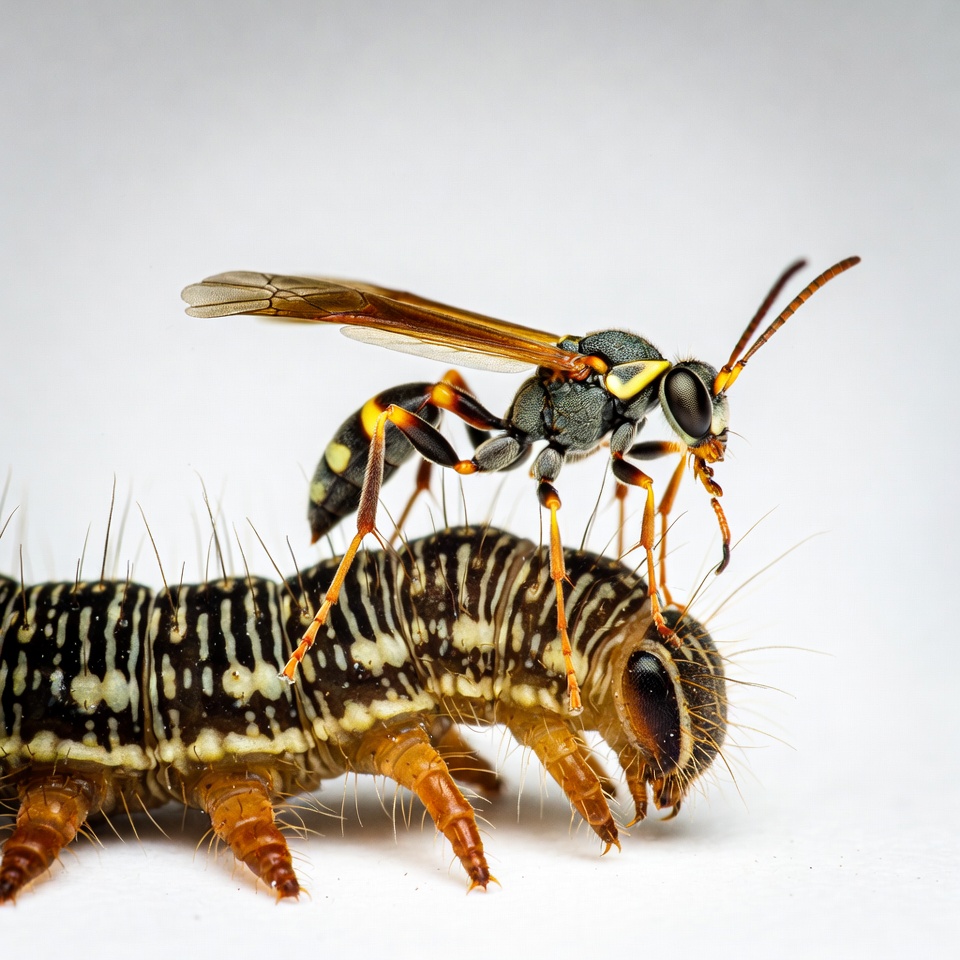 Wasp on Striped Caterpillar Wasp on Striped Caterpillar