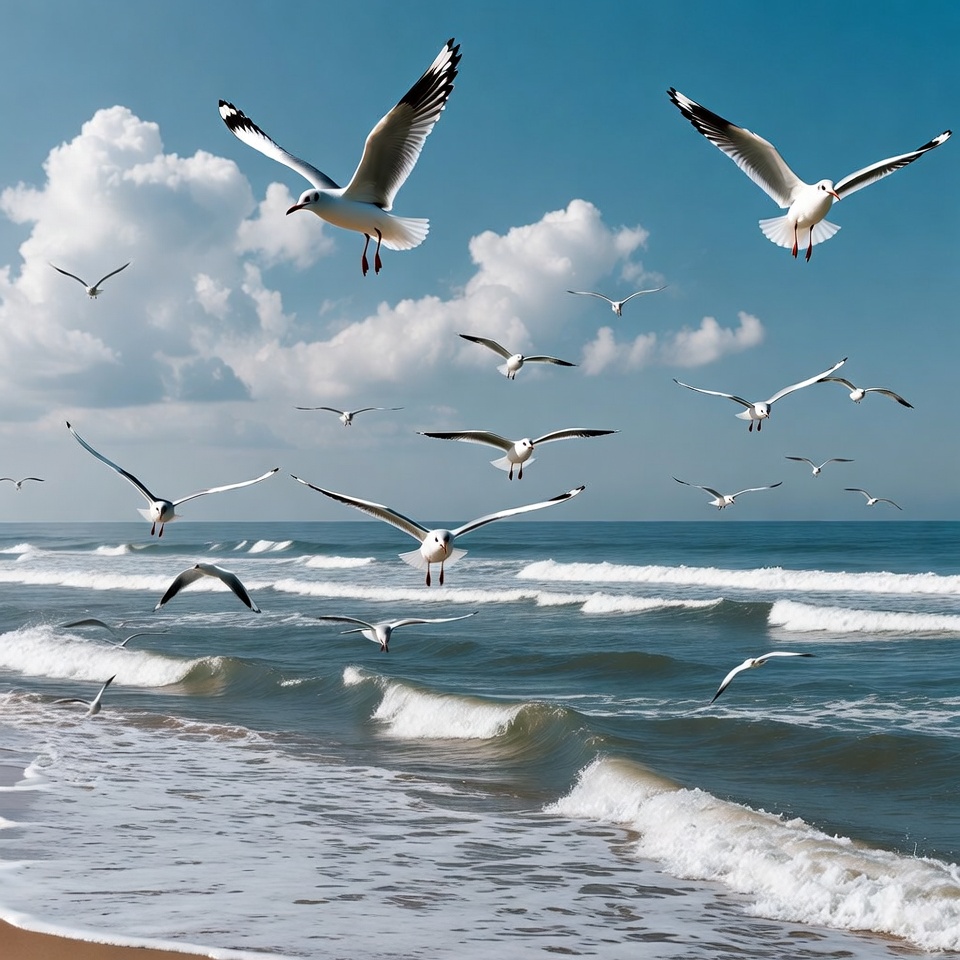 Flock of seagulls flying over beach Flock of seagulls flying over beach