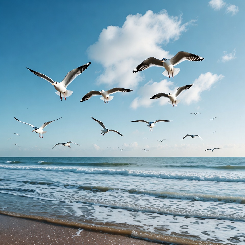 Flock of seagulls flying over beach Flock of seagulls flying over beach