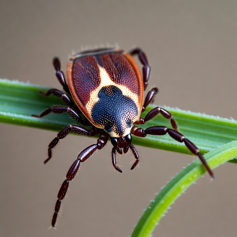 Red and black shield bug on grass blade Red and black shield bug on grass blade